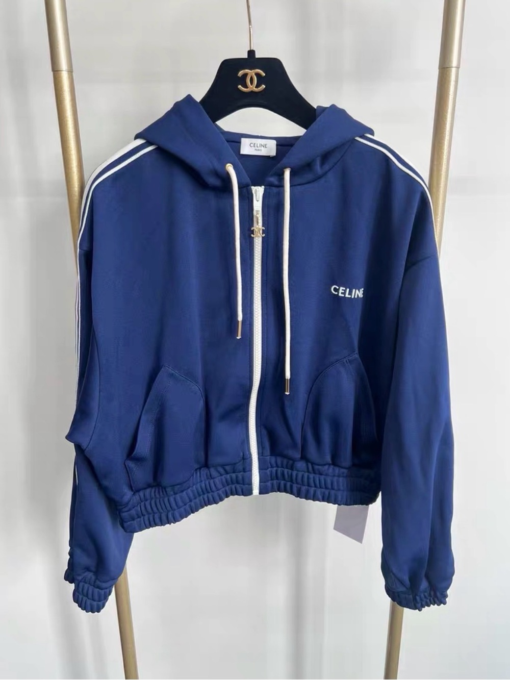 Celine Navy and White Zip-Up Hoodie with Gold Charm